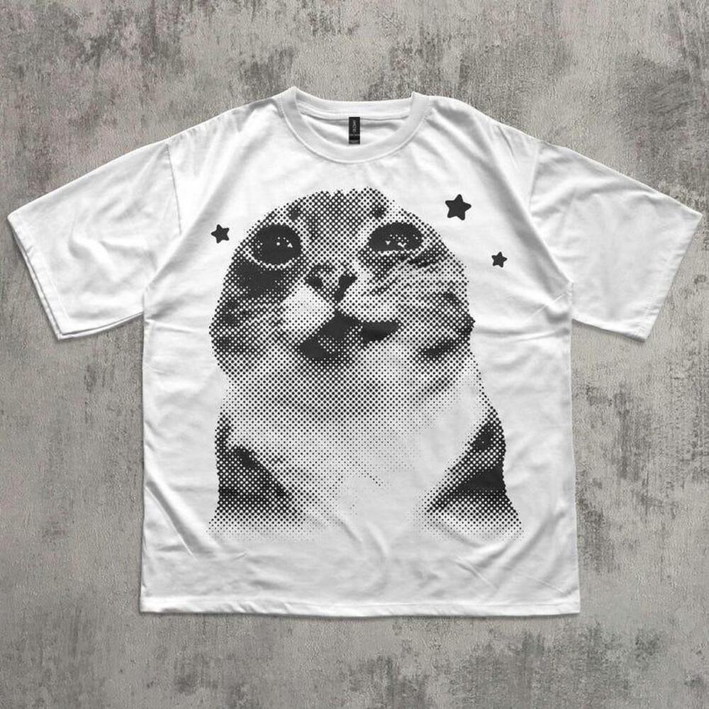White And Black Cat Face Graphic Tee